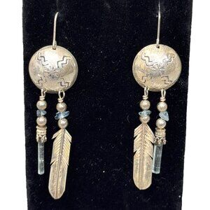Vintage Southwest Silver Feather Dangle Earrings Engraved Design Quartz Crystal